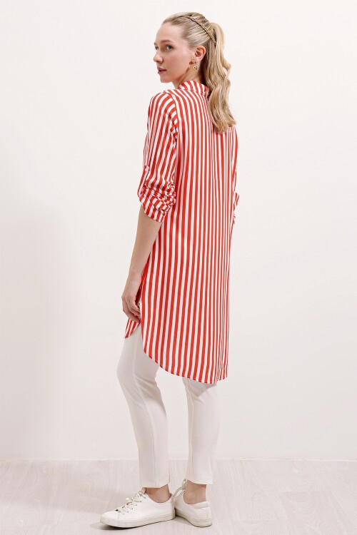 5613 Yaka Bağcıklı Çizgili Tunik - Nar
