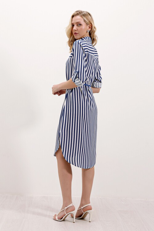 5629 Çizgili Kemerli Elbise - Mavi