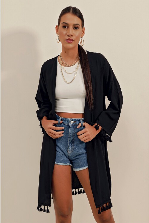 5833 Fırfırlı Kimono - Siyah