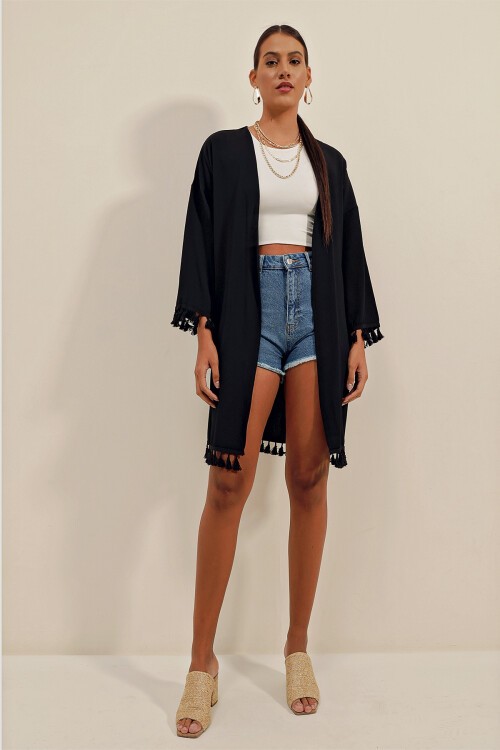 5833 Fırfırlı Kimono - Siyah