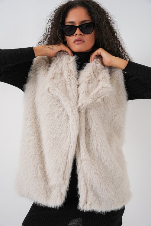6804 Kadın Kürklü Yelek - Ekru