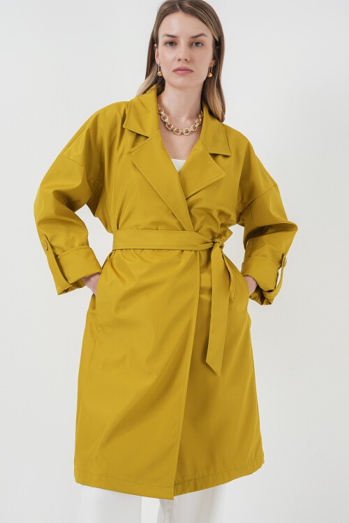 9104 Kruvaze Yaka Astarlı Trençkot - E.Yeşil