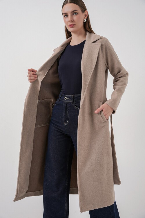 9118 Kruvaze Yaka Kaşe Kaban - A.Bej