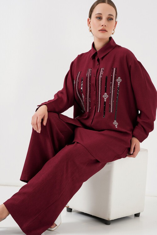 Desenli Tunik Pantolon İkili Takım 6720 - Bordo