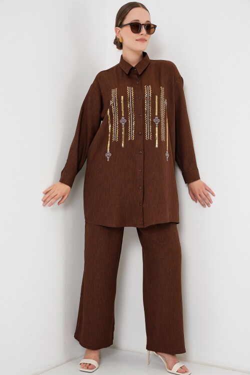 Desenli Tunik Pantolon İkili Takım 6720 - Kahverengi