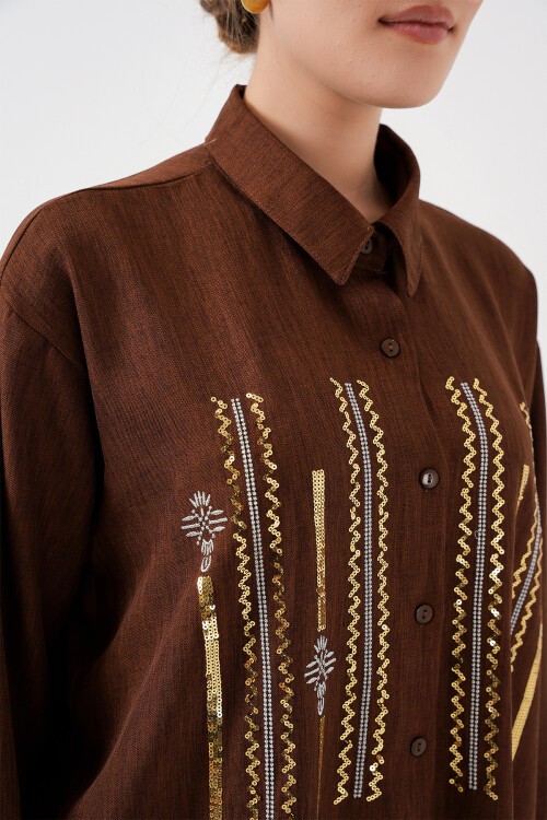 Desenli Tunik Pantolon İkili Takım 6720 - Kahverengi