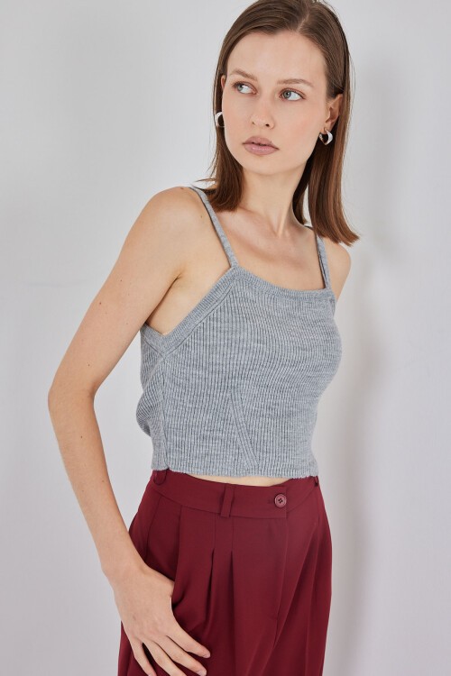 Kadın Askılı Crop Top Bluz 15934 - Gri