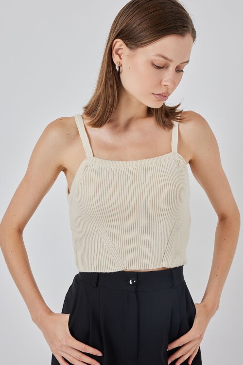 Kadın Askılı Crop Top Bluz 15934 - Krem
