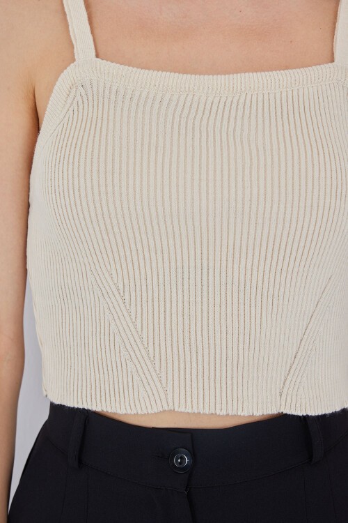 Kadın Askılı Crop Top Bluz 15934 - Krem