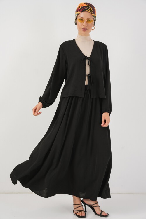 Kadın Ayrobin Kimono Etek İkili Takım 8047 - Siyah