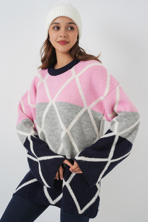 Kadın Baklava Desenli Oversize Uzun Kazak 15931 - Lacivert