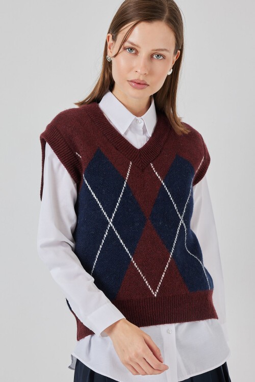 Kadın Baklava Desenli Süveter 15940 - Bordo