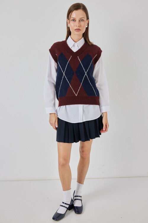 Kadın Baklava Desenli Süveter 15940 - Bordo