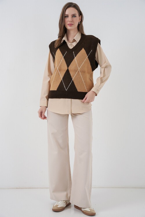 Kadın Baklava Desenli Süveter 15940 - D.Kahve