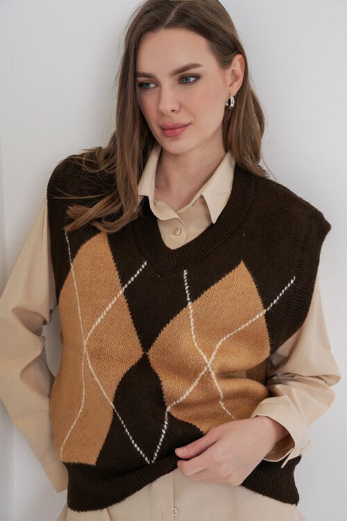 Kadın Baklava Desenli Süveter 15940 - D.Kahve