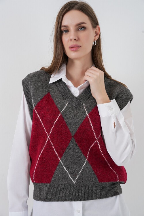 Kadın Baklava Desenli Süveter 15940 - K. Antrasit