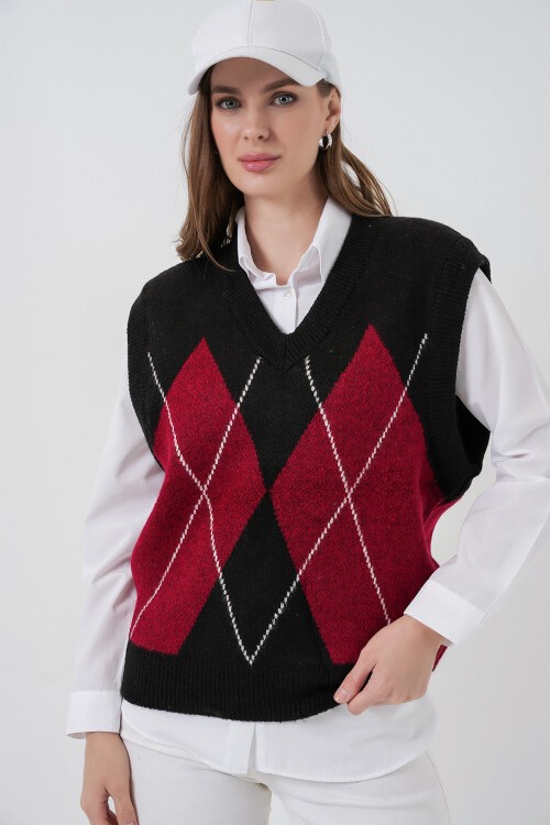 Kadın Baklava Desenli Süveter 15940 - Y.Siyah