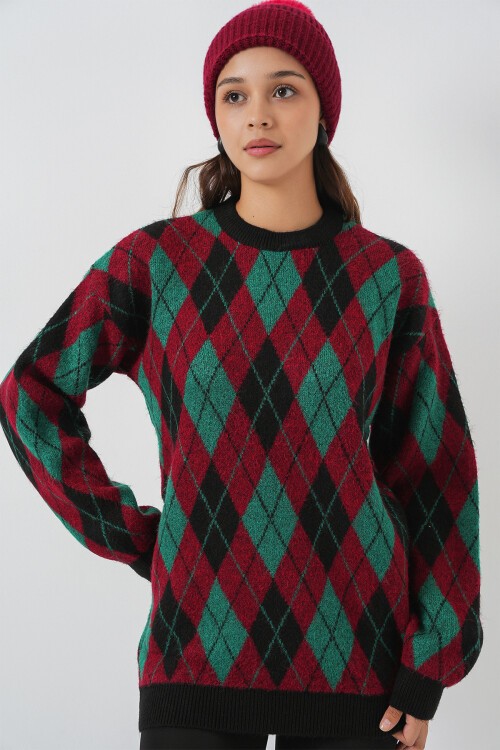 Kadın Baklava Desenli Triko Kazak 15929 - Bordo