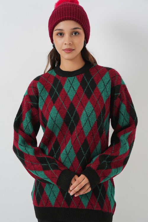 Kadın Baklava Desenli Triko Kazak 15929 - Bordo