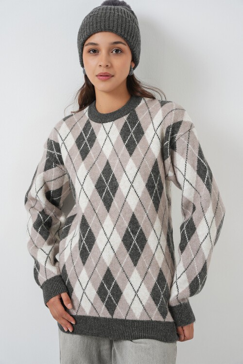 Kadın Baklava Desenli Triko Kazak 15929 - Gri