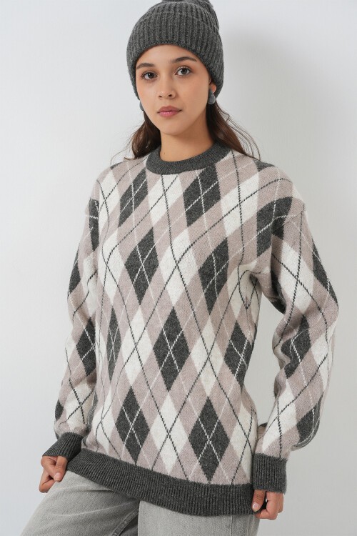 Kadın Baklava Desenli Triko Kazak 15929 - Gri