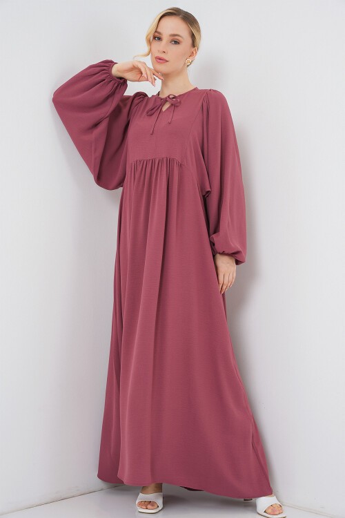 Kadın Balon Kol Uzun Tesettür Elbise 2464 - D.Gül Kurusu