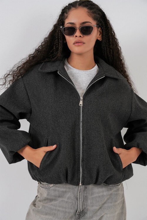 Kadın Büzgülü Oversize Kaşe Ceket 0728 - Antrasit