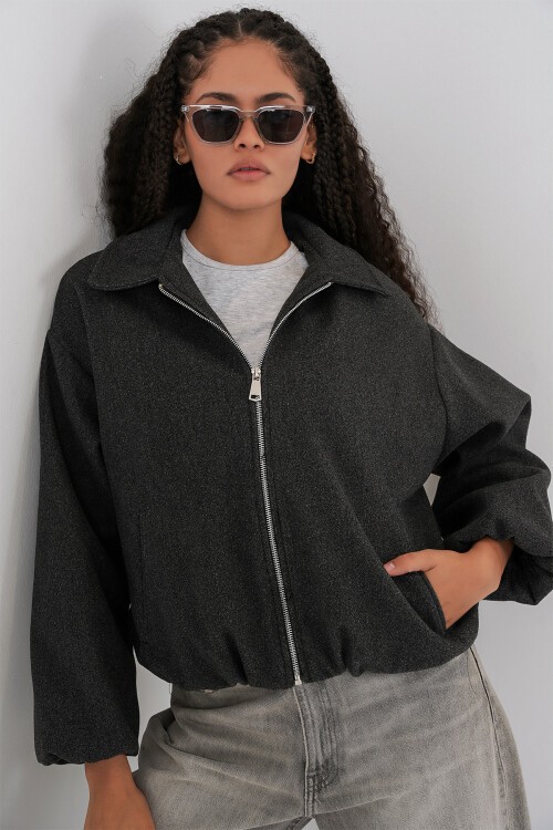 Kadın Büzgülü Oversize Kaşe Ceket 0728 - Antrasit