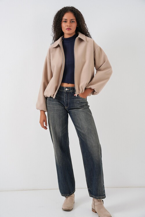 Kadın Büzgülü Oversize Kaşe Ceket 0728 - Bej