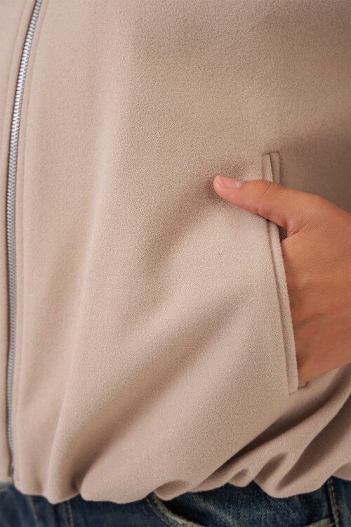 Kadın Büzgülü Oversize Kaşe Ceket 0728 - Bej