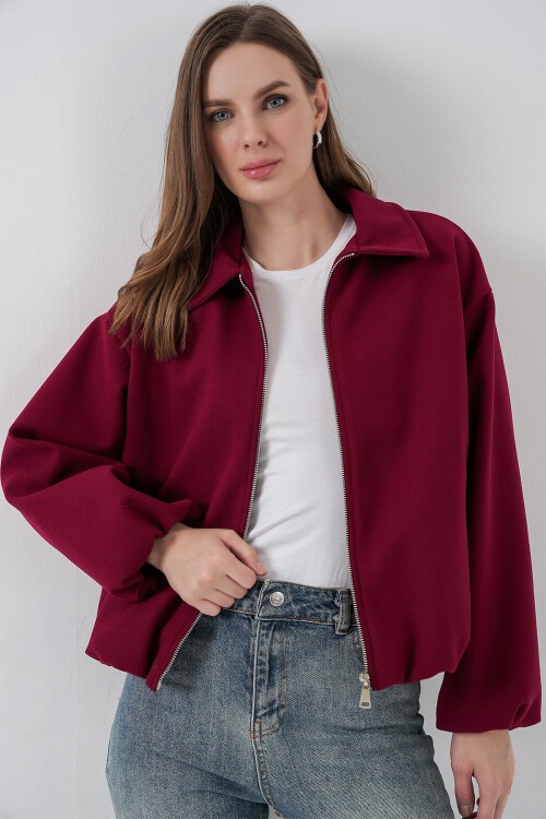 Kadın Büzgülü Oversize Kaşe Ceket 0728 - Bordo