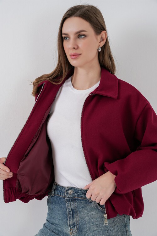 Kadın Büzgülü Oversize Kaşe Ceket 0728 - Bordo