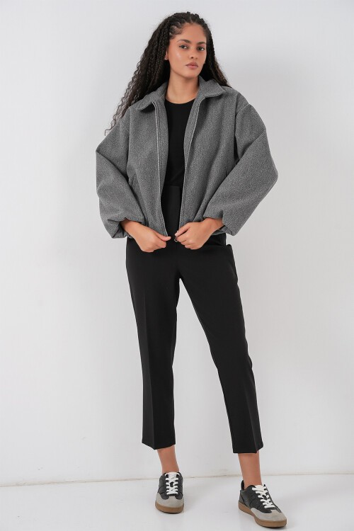 Kadın Büzgülü Oversize Kaşe Ceket 0728 - Gri