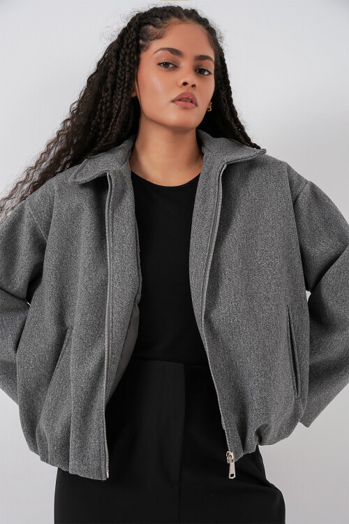 Kadın Büzgülü Oversize Kaşe Ceket 0728 - Gri
