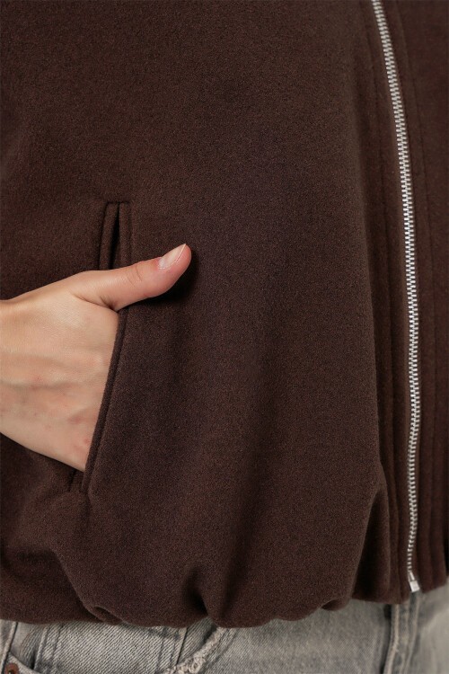 Kadın Büzgülü Oversize Kaşe Ceket 0728 - Kahverengi