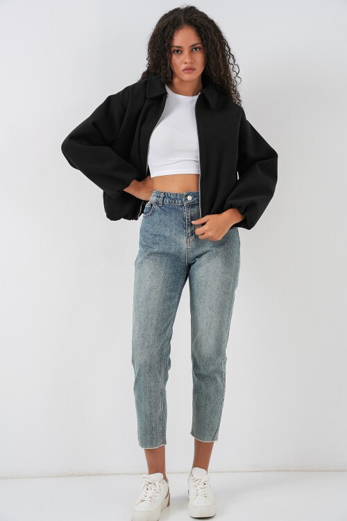 Kadın Büzgülü Oversize Kaşe Ceket 0728 - Siyah
