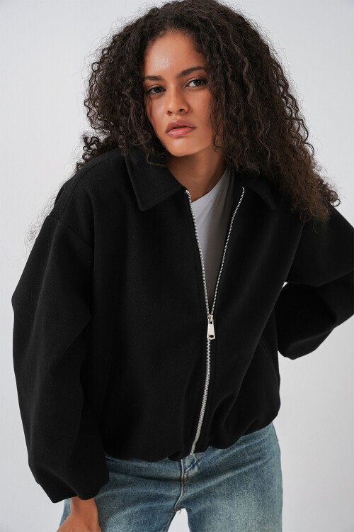 Kadın Büzgülü Oversize Kaşe Ceket 0728 - Siyah