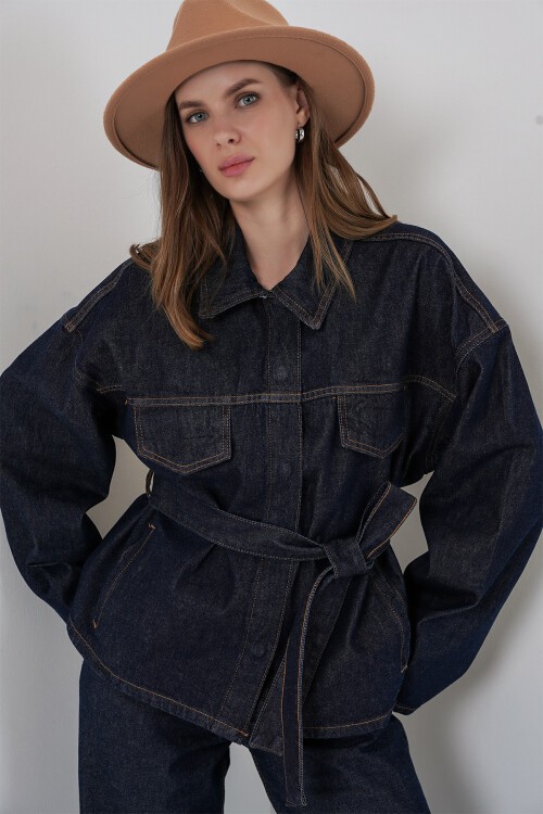 Kadın Ceket Pantolon Kot İkili Takım 30059 - Koyu Mavi