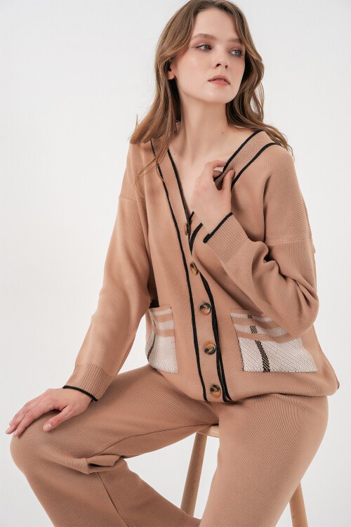 Kadın Cepli Hırka Triko İkili Takım 15964 - Camel