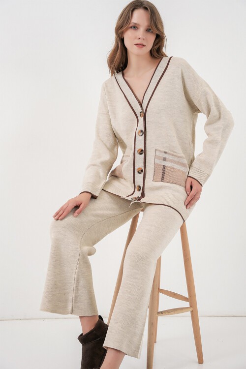 Kadın Cepli Hırka Triko İkili Takım 15964 - Ekru