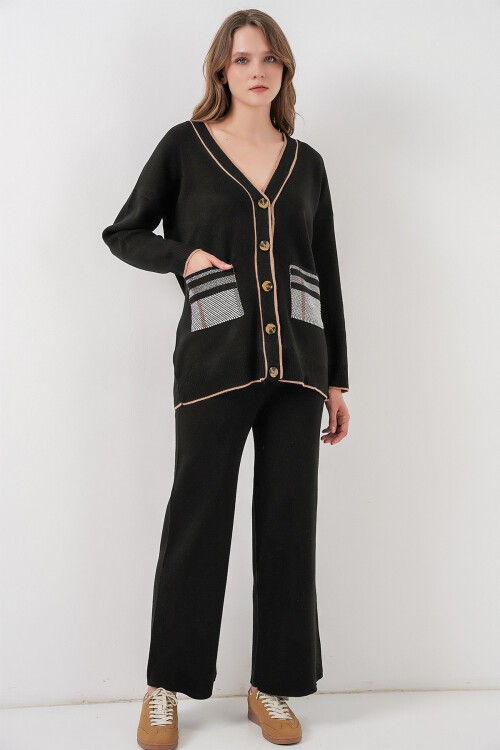 Kadın Cepli Hırka Triko İkili Takım 15964 - Siyah