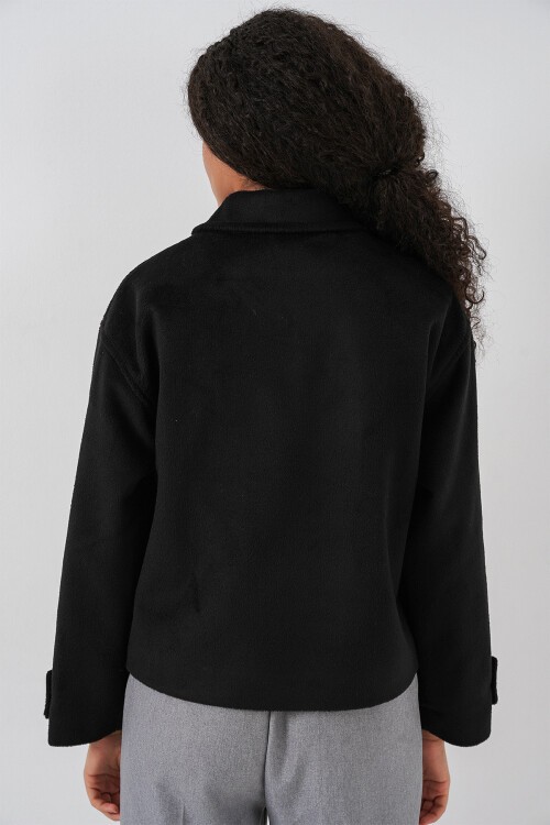 Kadın Cepli Kruvaze Uzun Kollu Kısa Kaşe Ceket 0724 - Siyah