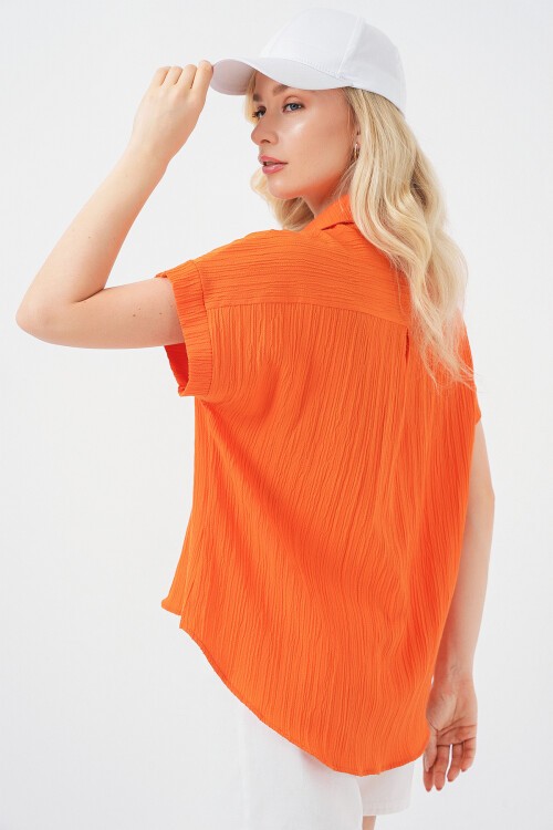 Kadın Çizgili Kısa Kol Gömlek 20324 - Turuncu