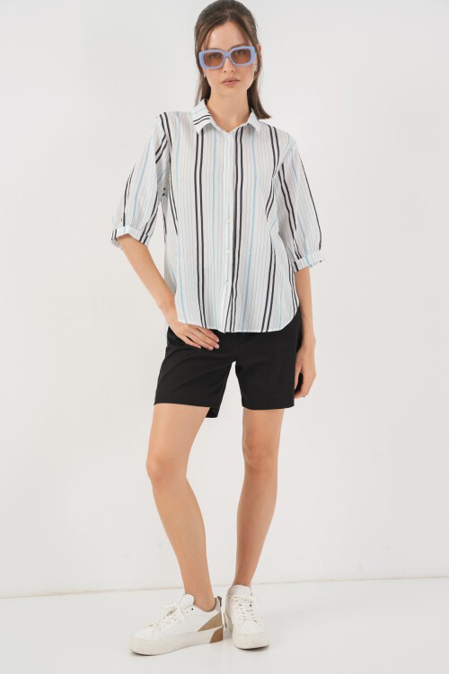 Kadın Çizgili Kısa Kol Gömlek 20345 - Açık Mavi