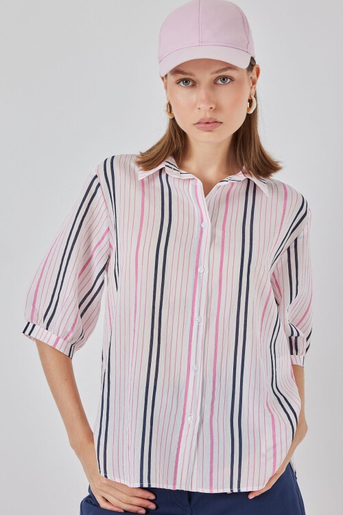 Kadın Çizgili Kısa Kol Gömlek 20345 - Pembe