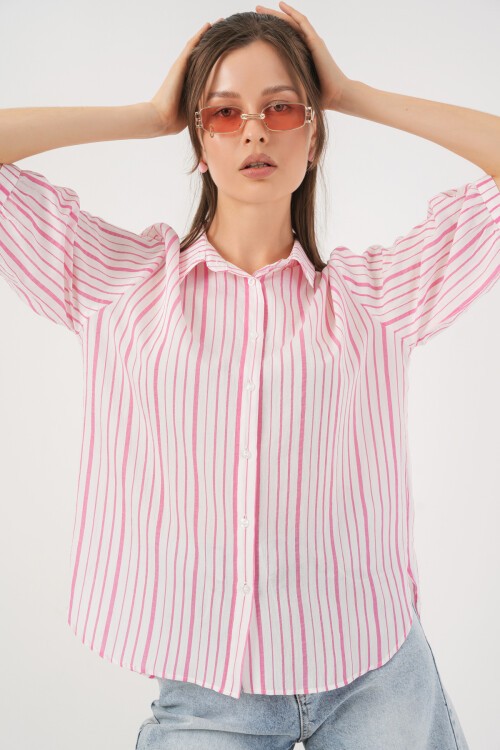 Kadın Çizgili Kısa Kol Gömlek 20345 - Pudra