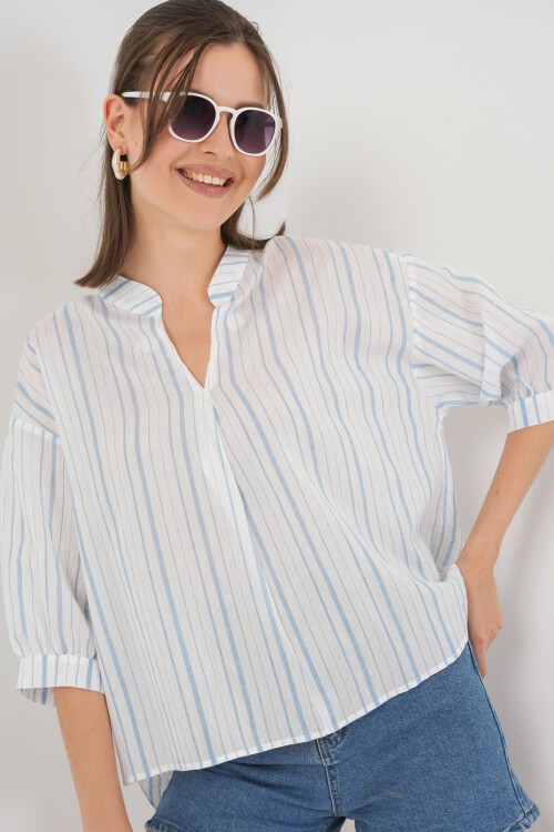 Kadın Çizgili Oversize Bluz 967 - A.Mavi
