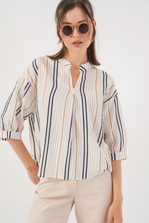 Kadın Çizgili Oversize Bluz 967 - Bej