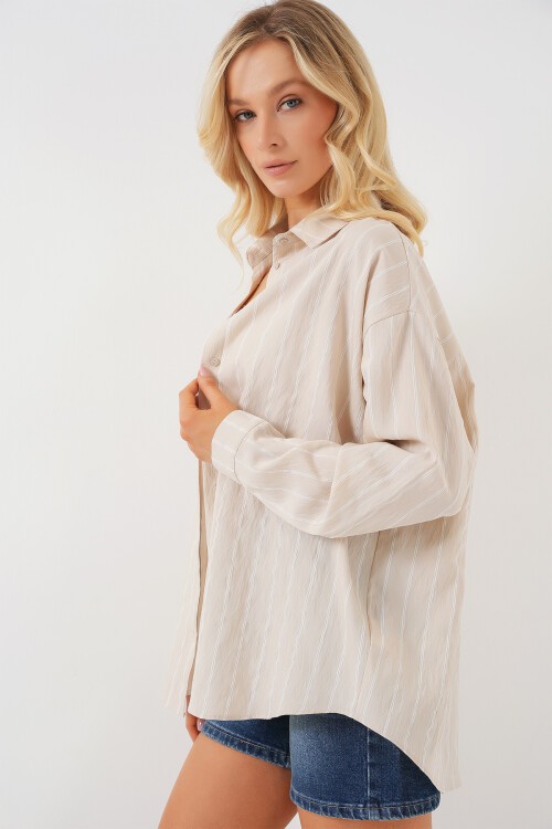 Kadın Çizgili Oversize Gömlek 20293 - Krem