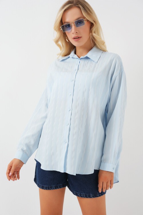 Kadın Çizgili Oversize Gömlek 20293 - Mavi